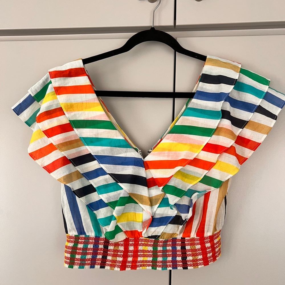 Alice and Olivia rainbow ruffle crop top